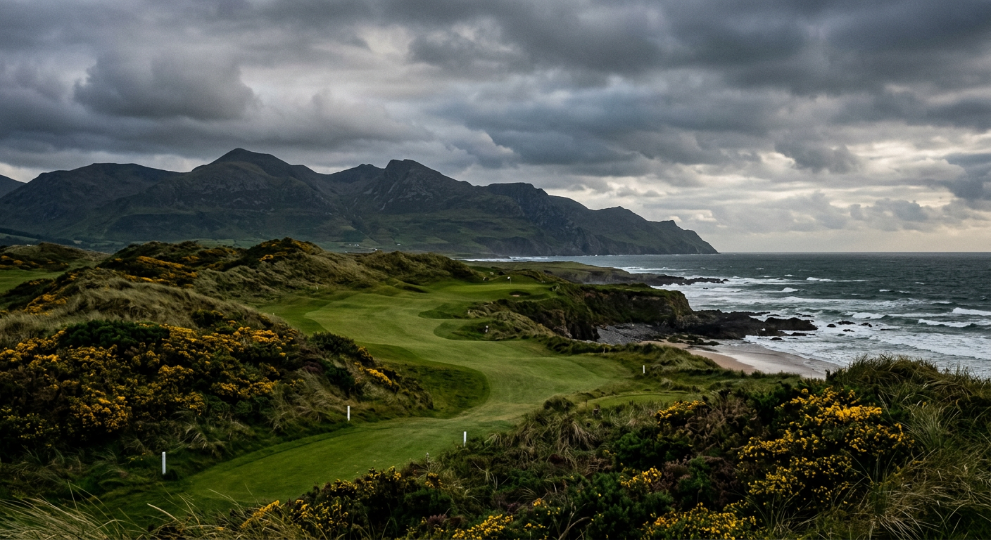 Royal County Down links course with the Mourne Mountains in the background